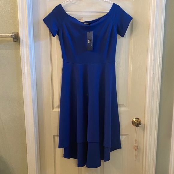 Sarin Mathews Blue Off-Shoulder Short Sleeve High Low Dress NWTs - Picture 3 of 11